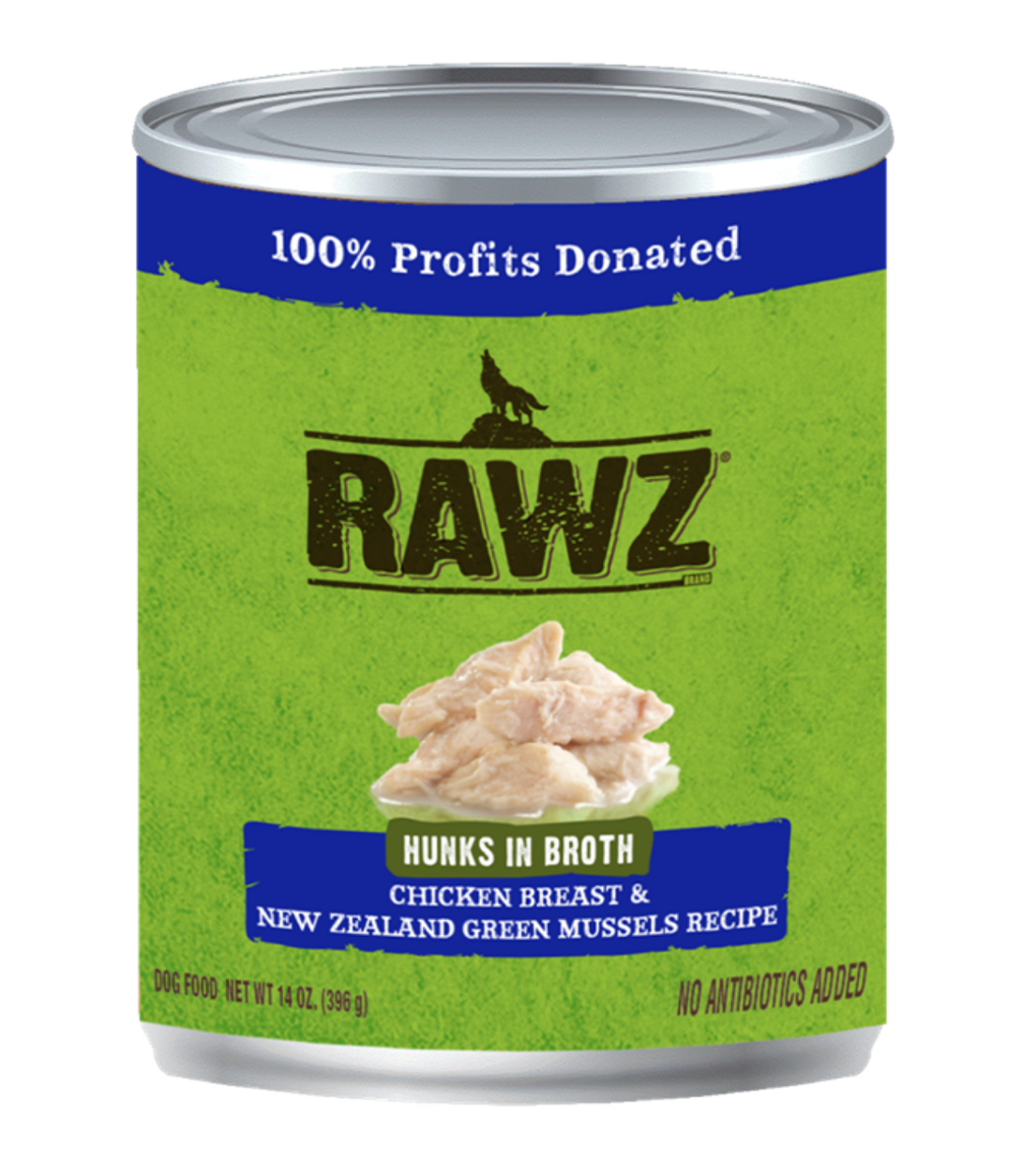 RAWZ Hunks in Broth Chicken Breast & NZGM Dog Can 14 oz.